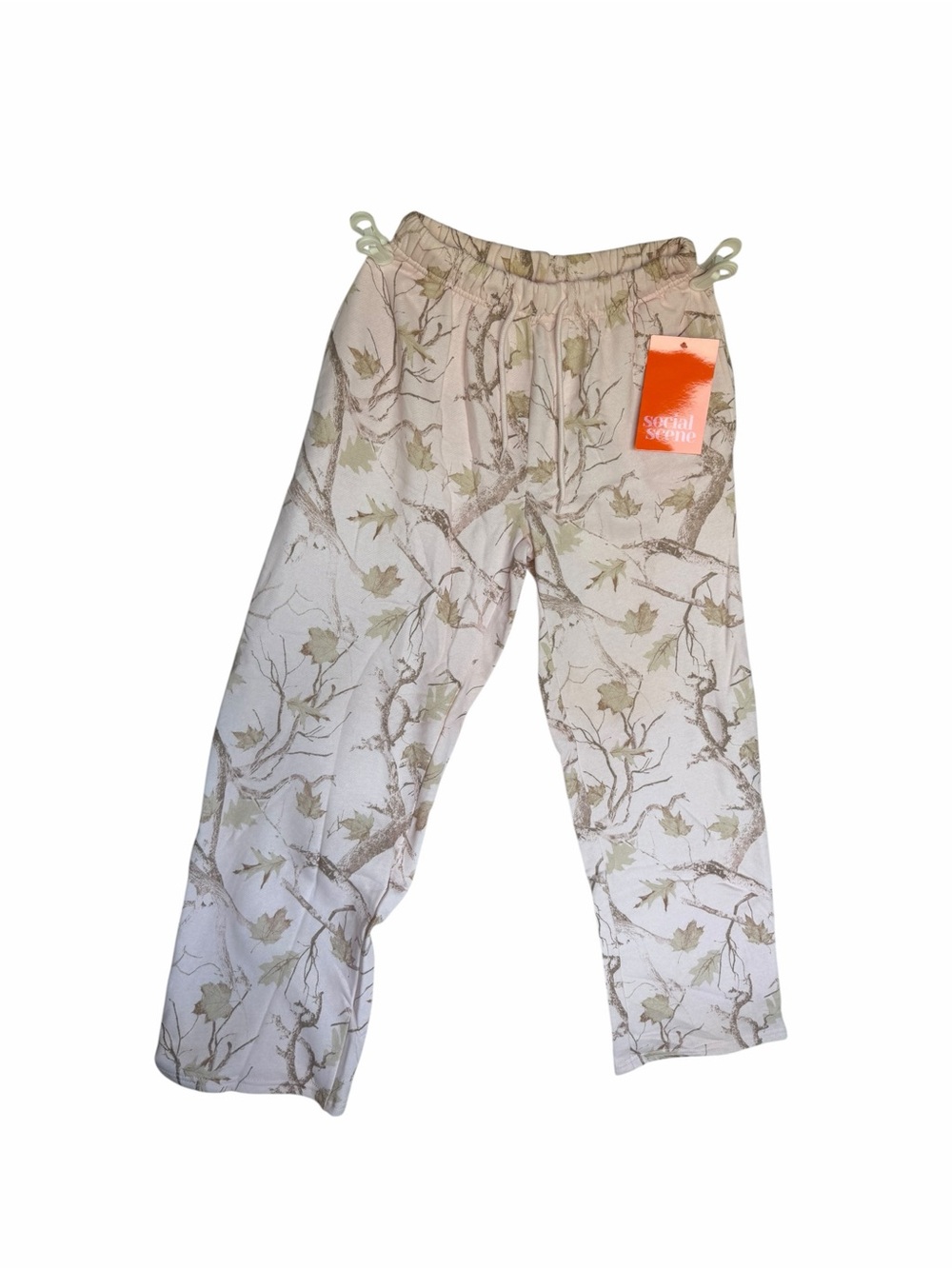 Neutral Leaf-Print Drawstring Pants - White/Beige